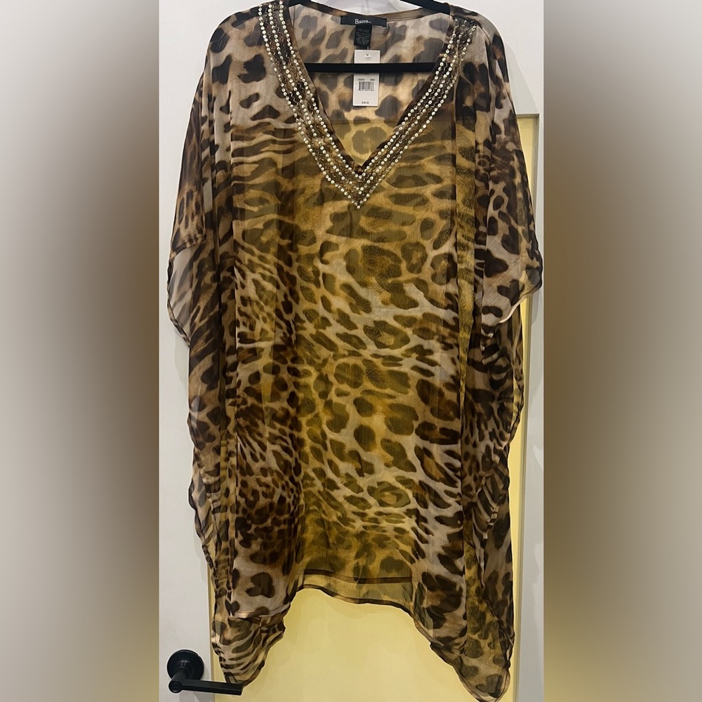 BRAND NEW BRAZEN SHEER Leopard Print Kaftan/Tunic w/Embellished Neckline On Size